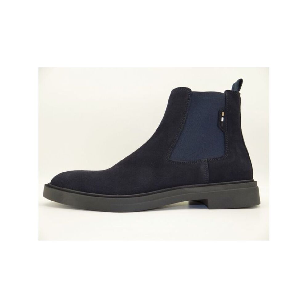 BOSS Mens Navy Heel Pull-Tab Goring Round Toe Block Heel Leather Chelsea 41